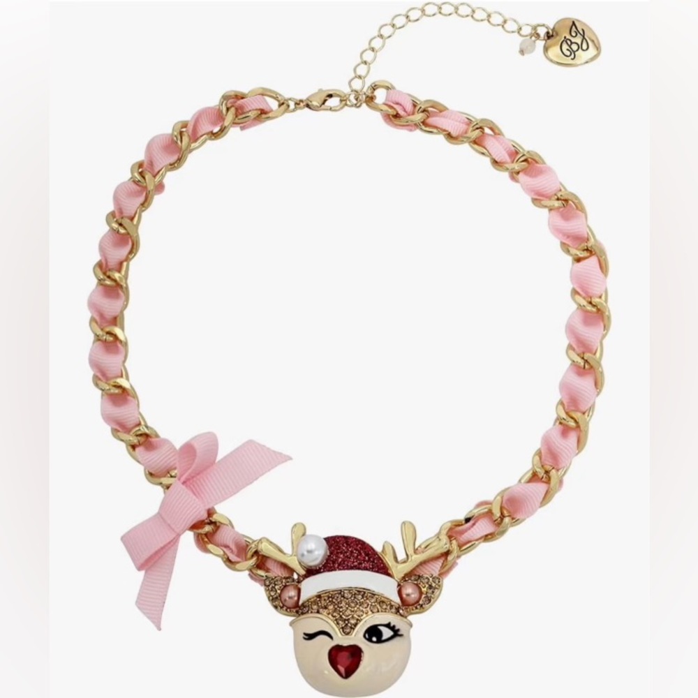 NWT Betsey Johnson Winking Reindeer Gold Tone Necklace Christmas Authent…